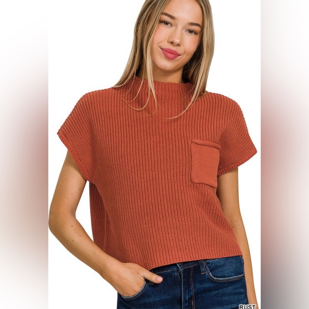 Zenana Rust Mock Neck Short Sleeve Crop Sweater